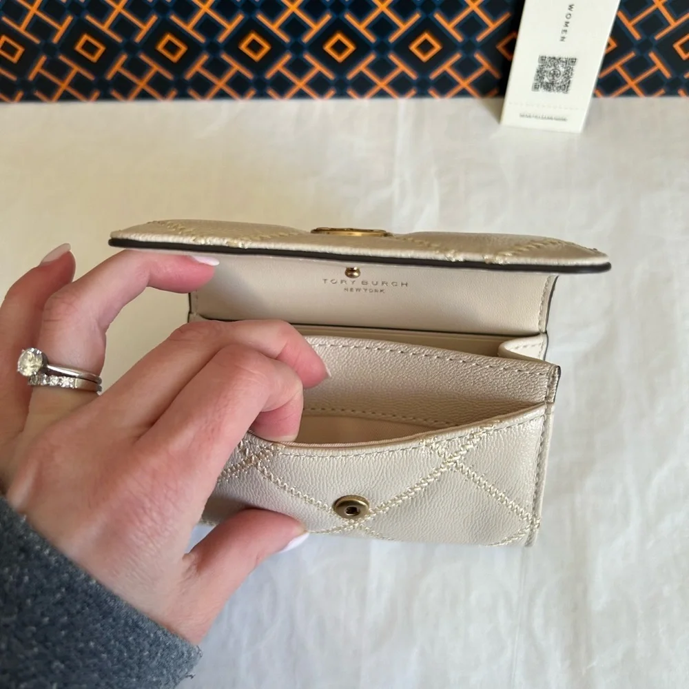 Tory Burch Willa Card Case Brie Gold White Cream
